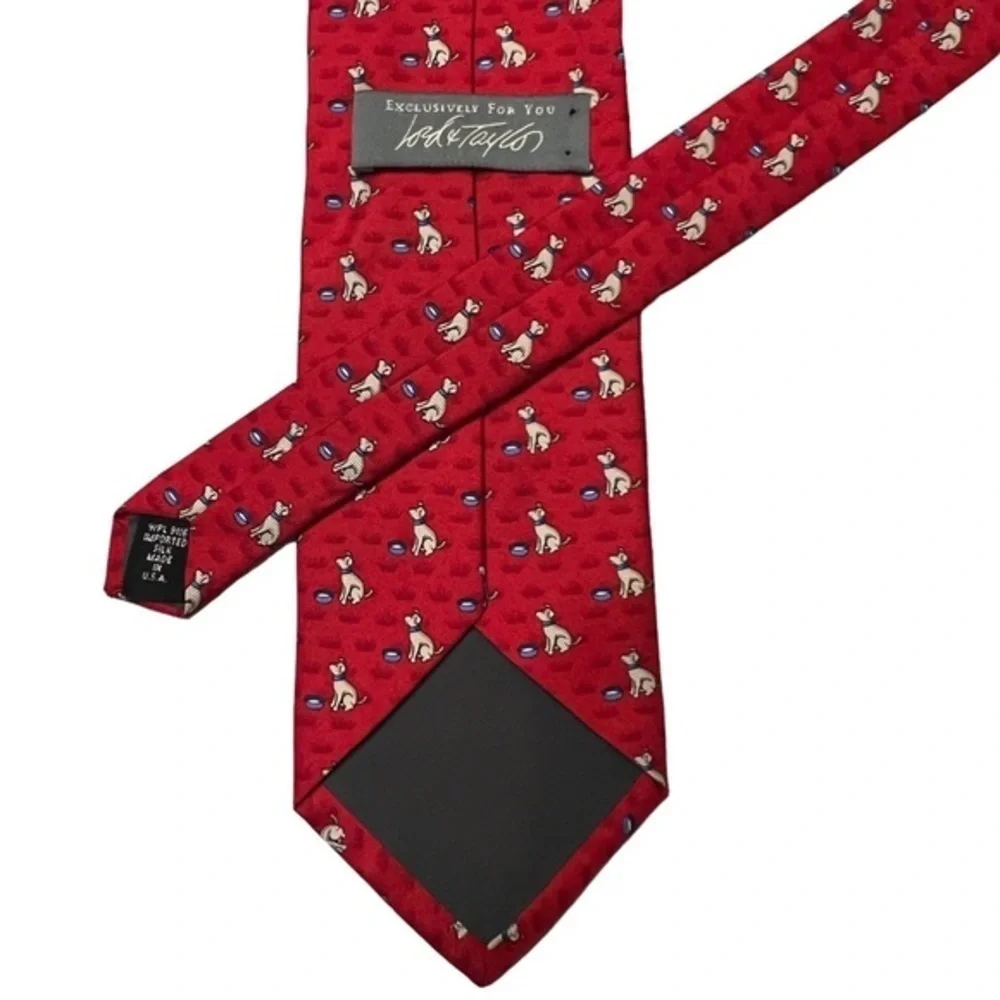 Lord & Taylor red silk tie with dogs and bowls